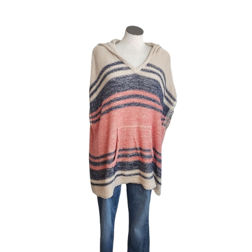 Full Tilt Striped Knit Cream Hooded Poncho Kangaroo Pocket Oversized Size M